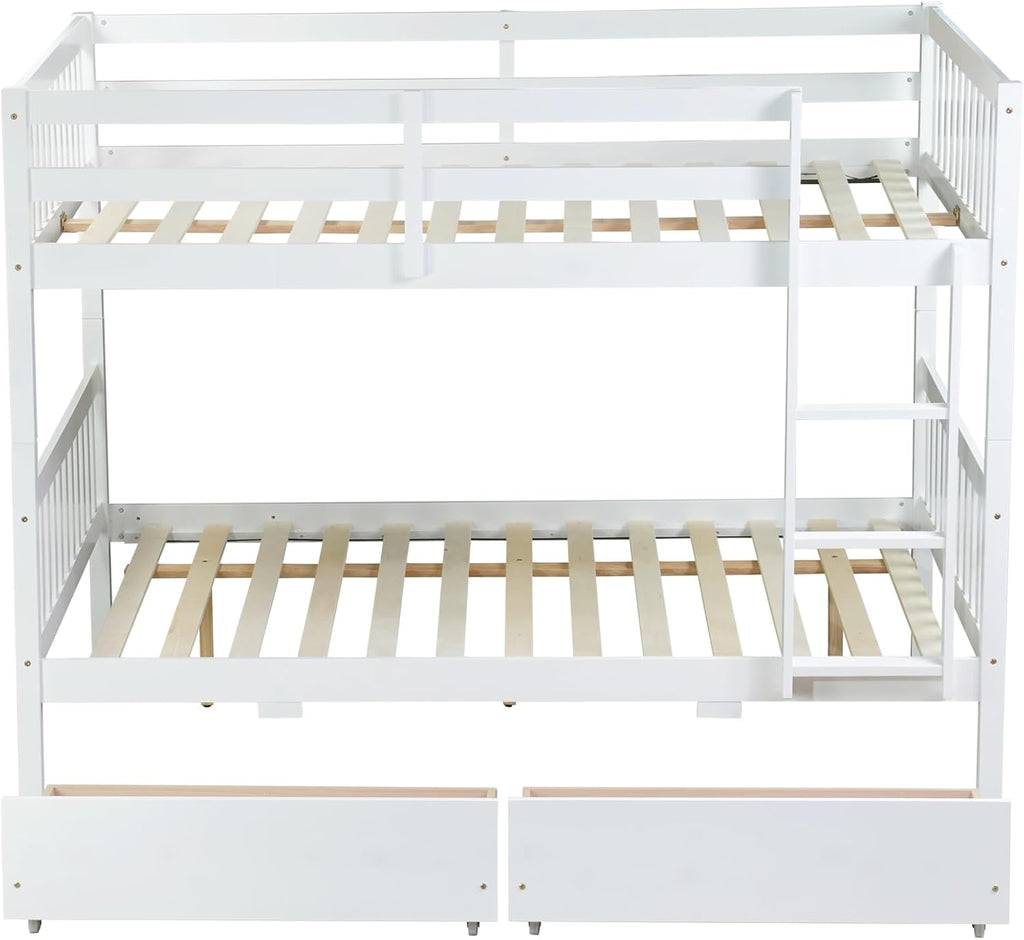 PVWIIK Full Over Full Wood Bunk Bed with 2 Drawers & Ladder for Adult Teenagers Kids Bedroom Dorm Guest Room,Convertible into 2 Full Beds Frame/Under Bed Space/No Box Spring Required,White