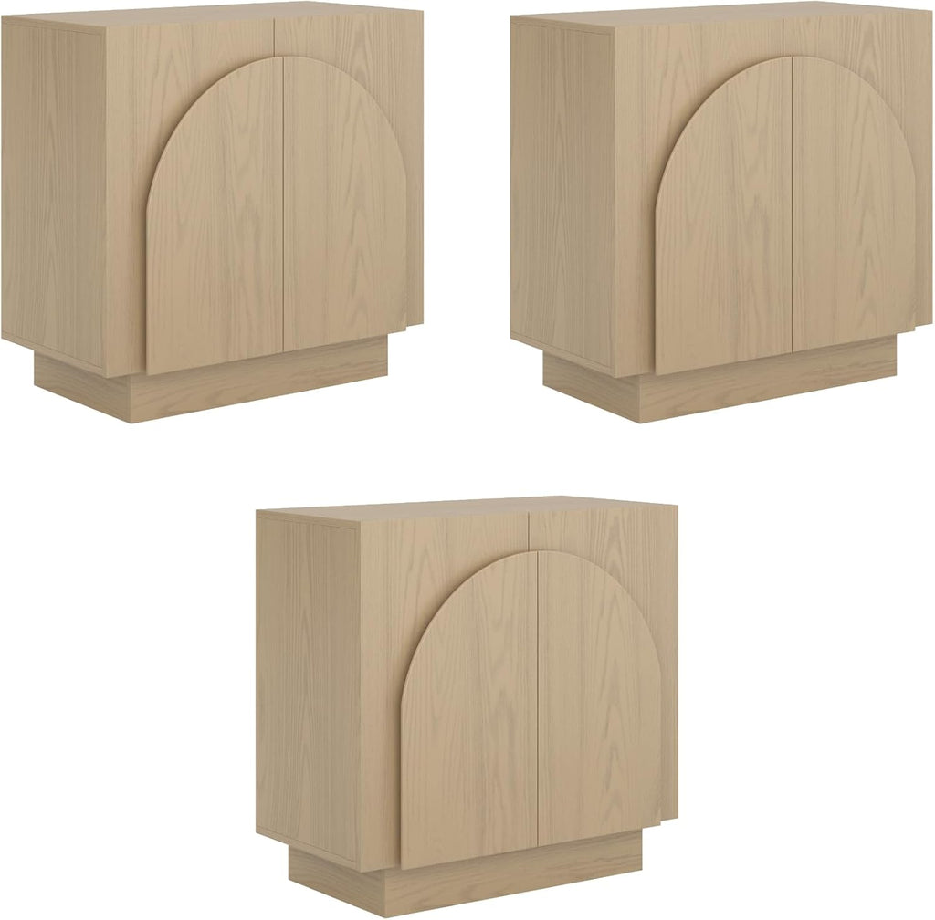 Nathan James Iris Mid-Century Modern Credenza, Light Brown TV Stand, Living Room Wood Storage Cabinet with Arched Cabinet Doors, White Oak, Set of 3