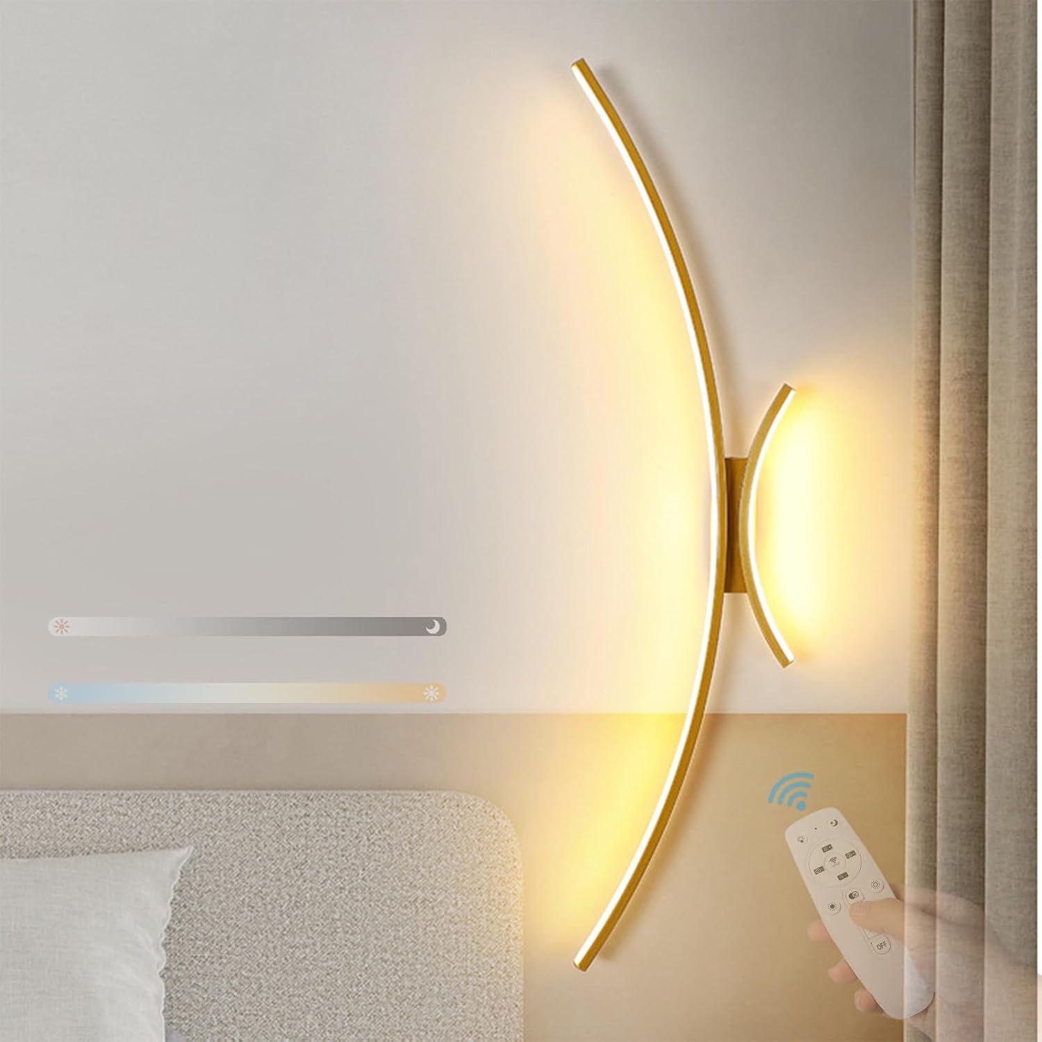 Led Wall Lights Indoor Modern with Remote Control Dimmable Wall Lamps Acrylic Elegant Curved Design Wall Spotlights for Living Room Bedroom Corridor (Gold,80Cm)/D/80Cm