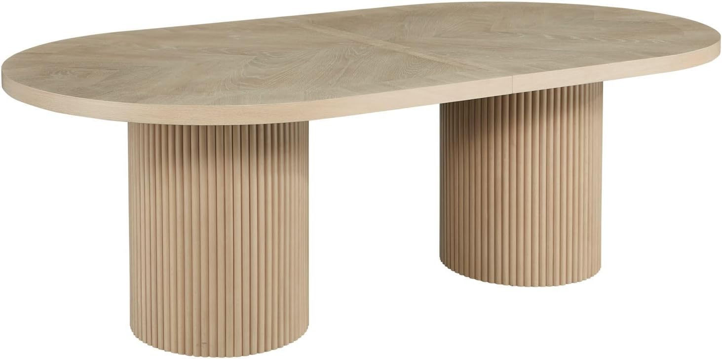 Dobby 90'-123' Extendable Oval Wooden Dining Table, Light Oak | Mid Century Modern, Double Pedestal Base, For 6 People, Large