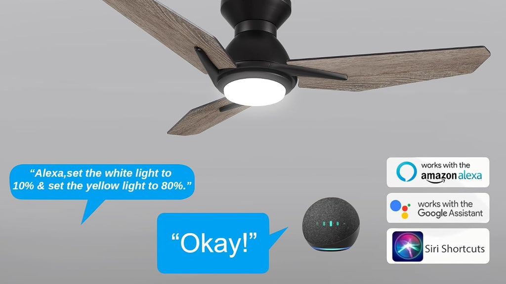 SMAFAN Smart Ceiling Fans with Lights Flush Mount 44', 3 Light Colors Dimmable, 10 Speeds DC Ceiling Fan with Remote, Outdoor Ceiling Fan Compatible with Alexa, Siri & Google Home, Black & Wood