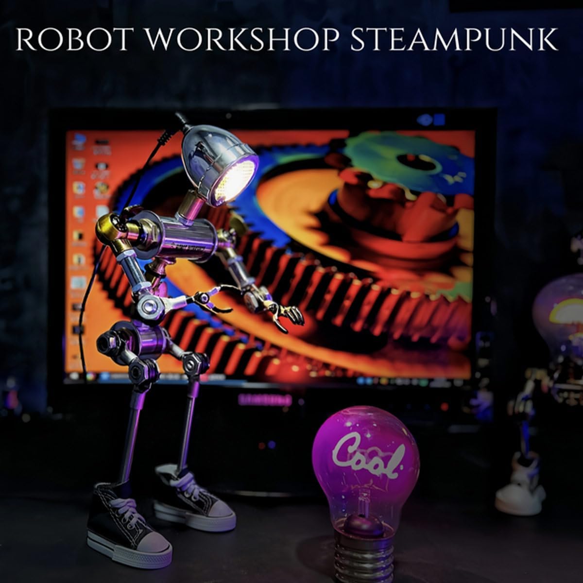 Mechanical Mecha 3D Metal Model Kit for Adults, Steampunk Robot Table Lamp Laser Cut Metal Robot Model Set, Chest Logo Desk Lamp Ornament Toy Decor Gift, Finished Version