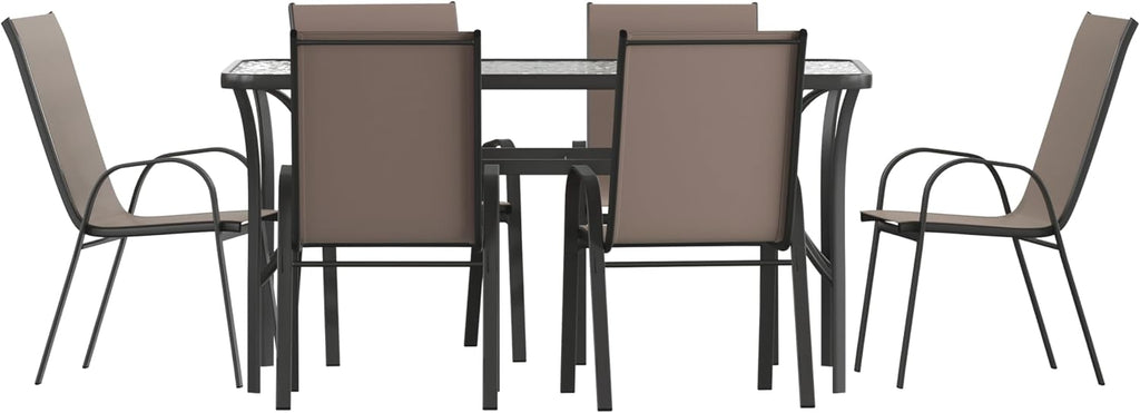 Flash Furniture Brazos Commercial Outdoor Dining Set, 60' Tempered Glass Patio Table with Umbrella Hole, 6 Stack Chairs with Flex Comfort Seats and Backs, Brown/Black