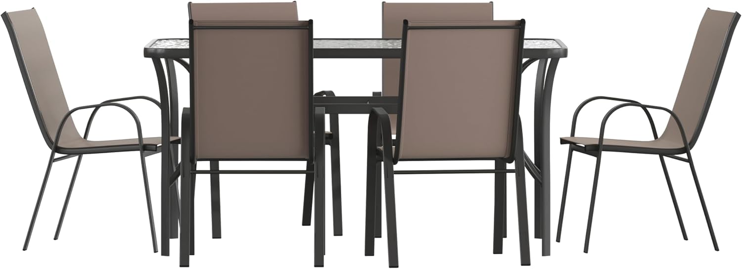Flash Furniture Brazos Commercial Outdoor Dining Set, 60' Tempered Glass Patio Table with Umbrella Hole, 6 Stack Chairs with Flex Comfort Seats and Backs, Brown/Black