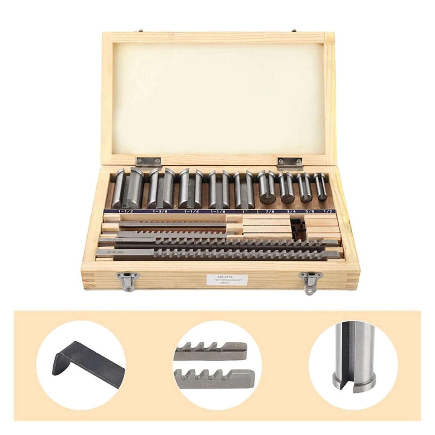 18pcs CNC Keyway Broaches Set Bushing Shim Set 1/2-1-1/2 Broach Bushing Shim Set Inch Sized High Speed Steel Cutting Tool with Precision Ground Teeth