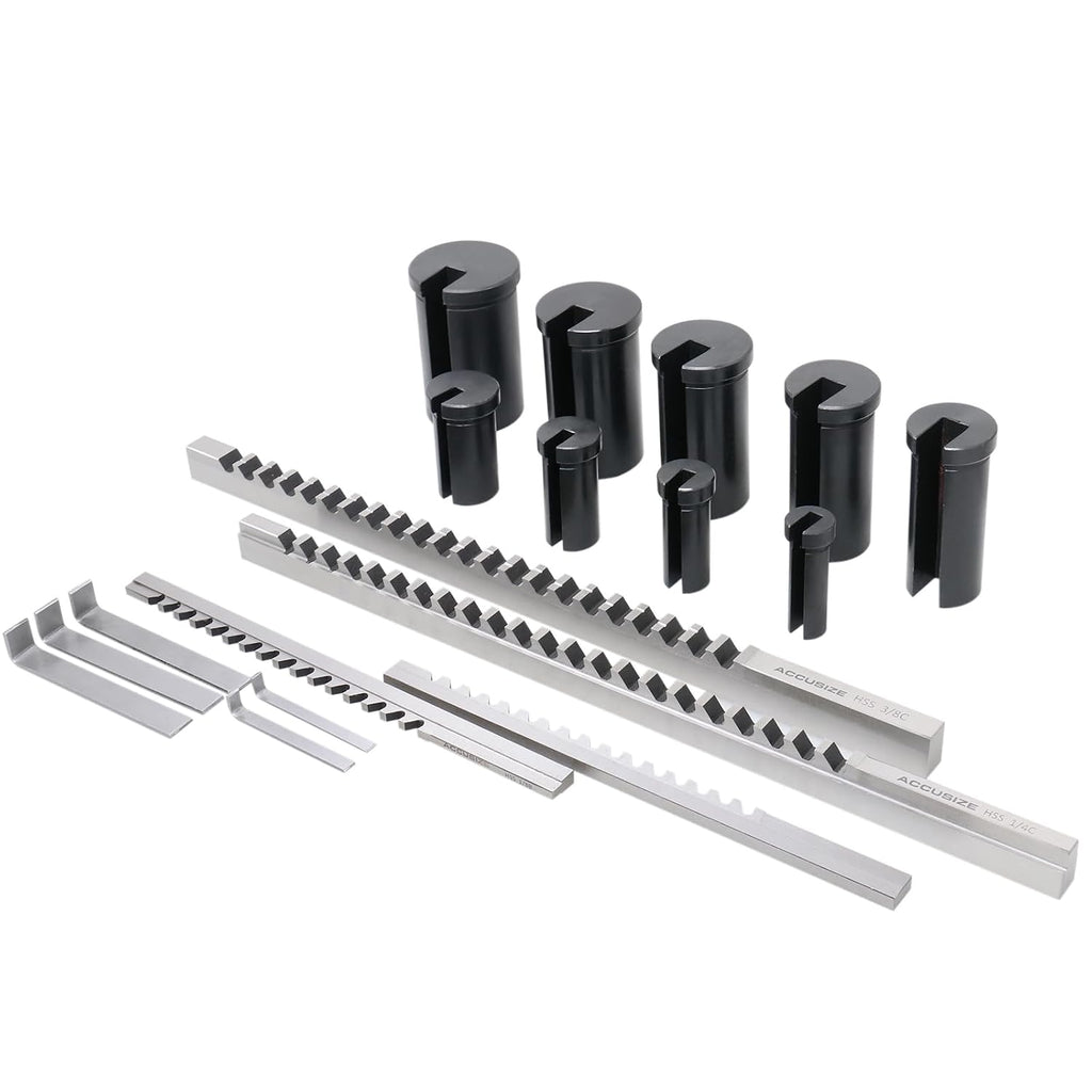 Accusize Industrial Tools - No.10 HSS Keyway Broach Set, 18 Pcs with Precision Ground Teeth, Includes 4 Broaches & 9 Bushings, 5100-0010 | Cuts 18 Keyways, B-1/8, 3/16, C-1/4, 3/8 in, Precision Ground HSS, Fitted Case, 5100-0010
