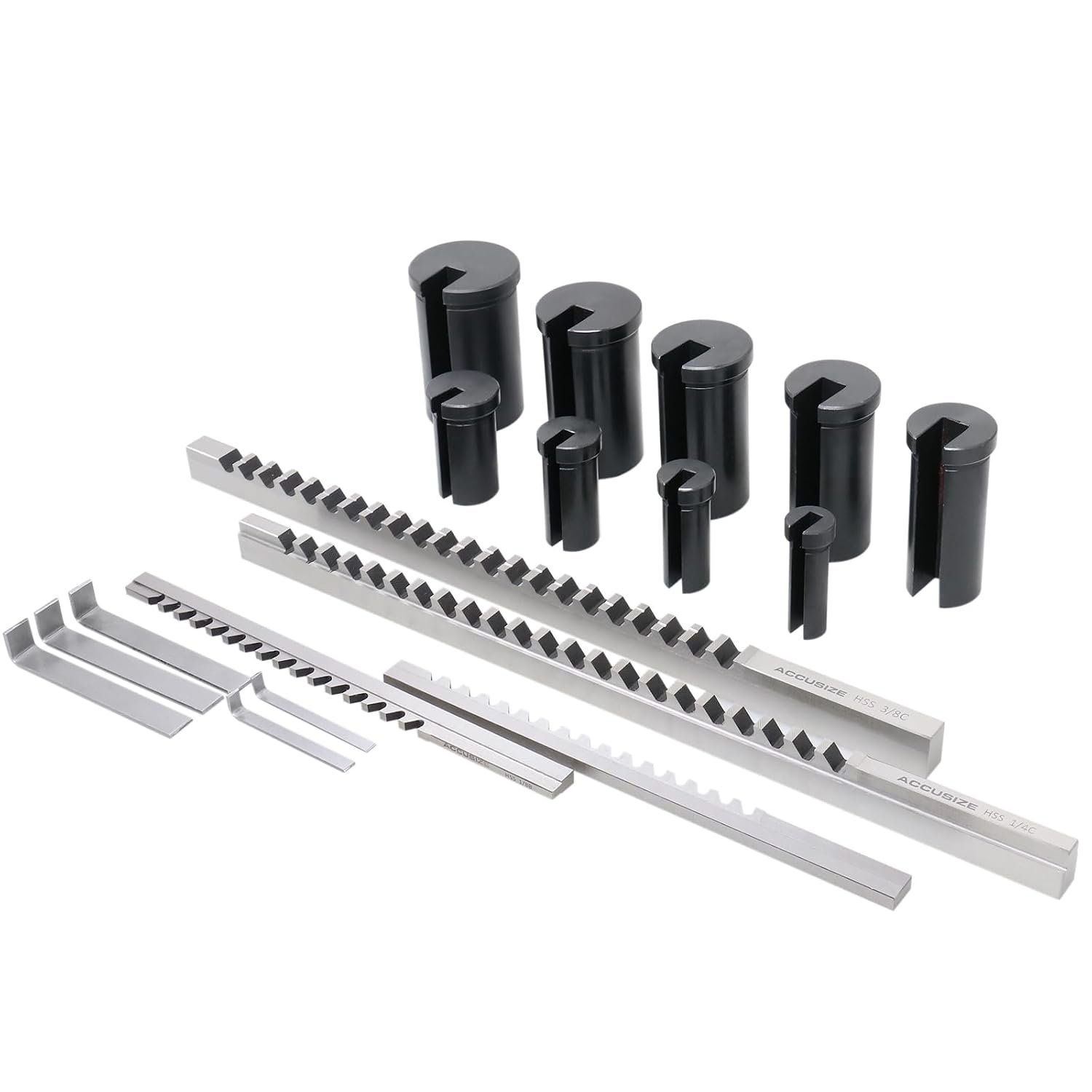 Accusize Industrial Tools - No.10 HSS Keyway Broach Set, 18 Pcs with Precision Ground Teeth, Includes 4 Broaches & 9 Bushings, 5100-0010 | Cuts 18 Keyways, B-1/8, 3/16, C-1/4, 3/8 in, Precision Ground HSS, Fitted Case, 5100-0010