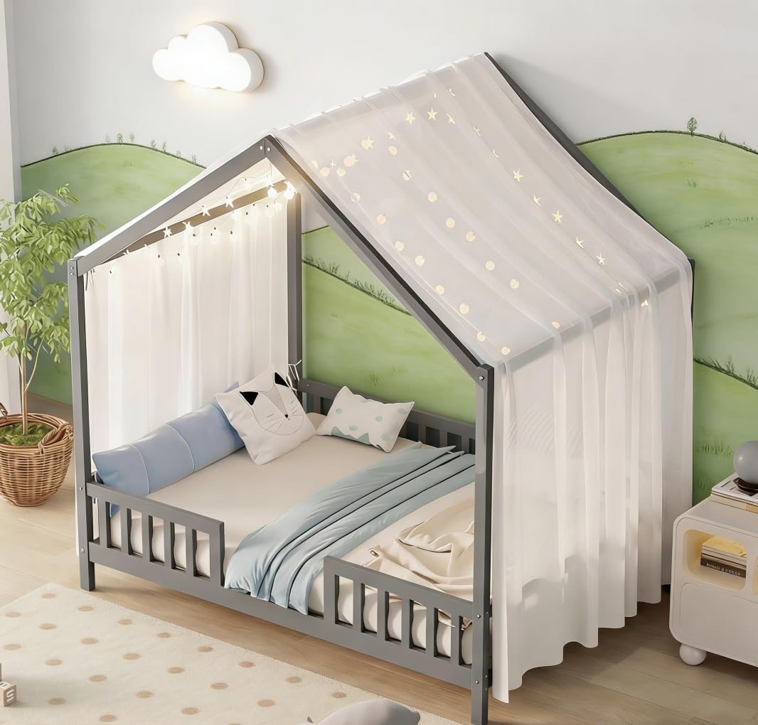 Bellemave Full House BedFrame with Canopy, Montessori Floor Bed, House Bed with Rails for Kids, Gray