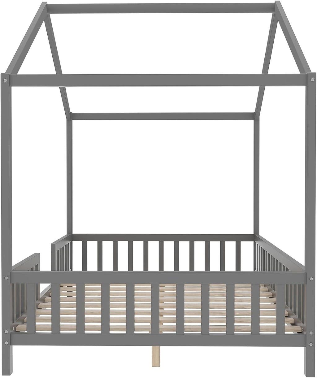 Bellemave Full House BedFrame with Canopy, Montessori Floor Bed, House Bed with Rails for Kids, Gray
