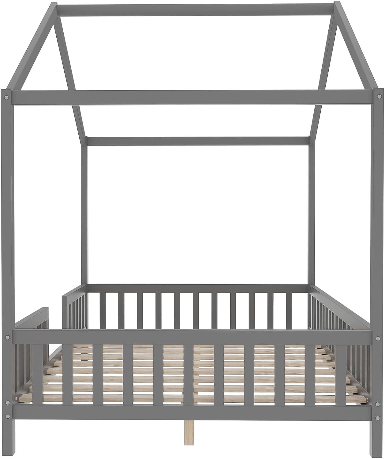 Bellemave Full House BedFrame with Canopy, Montessori Floor Bed, House Bed with Rails for Kids, Gray
