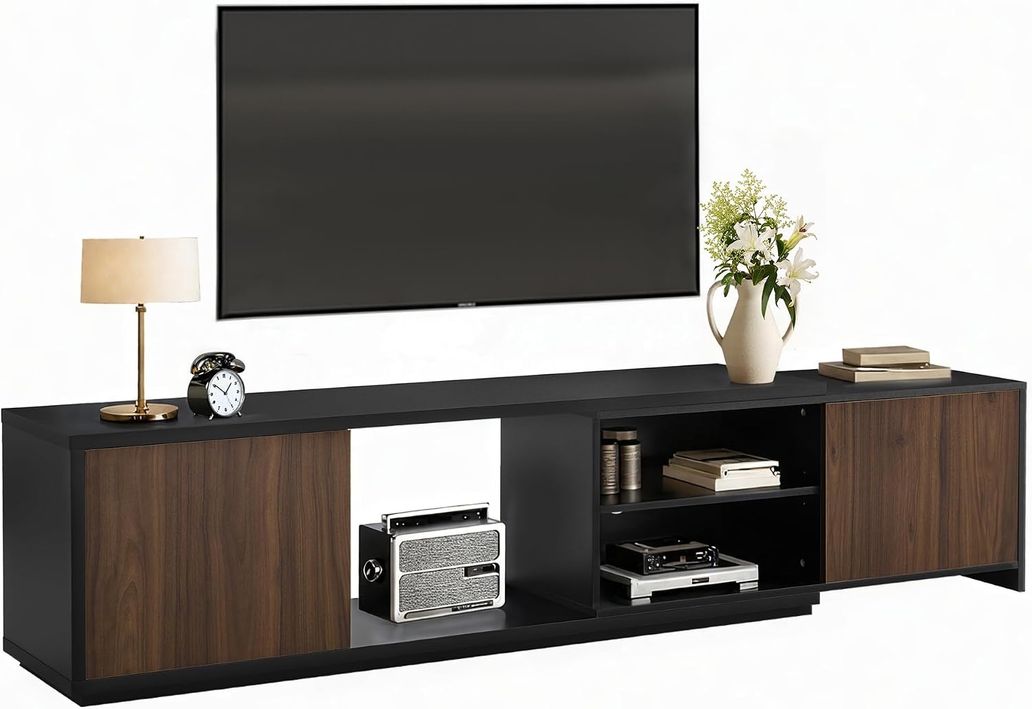 KISLOT Extendable TV Stand for TVs up to 90',Modern Entertainment Center with Adjustable Shelf,Television Stand with 2 Storage Cabinets,Wooden TV Media Console for Living Room Bedroom Black