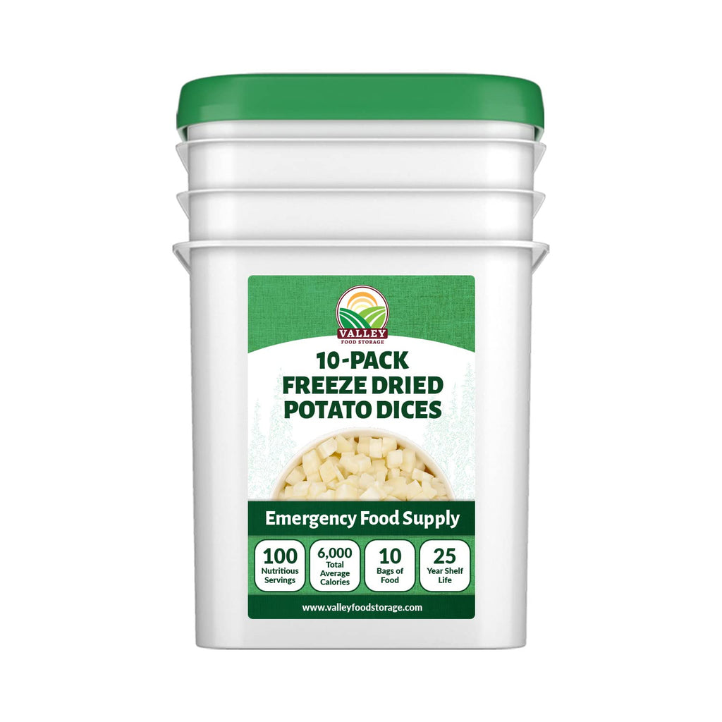 Valley Food Storage Freeze Dried Diced Potatoes | 10-Bag Bucket, 64 oz | Premium Emergency Food Supply | Non-GMO Survival Food, 25 Year Shelf Life | Prepper Supplies, Camping Food & Off-Grid Living | Packaged in USA