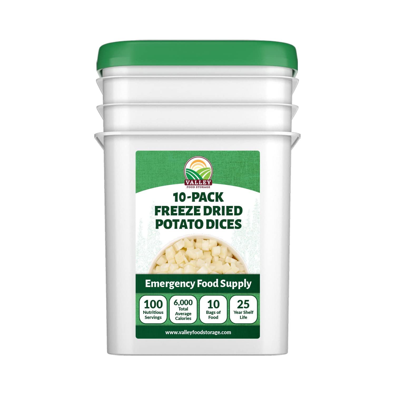 Valley Food Storage Freeze Dried Diced Potatoes | 10-Bag Bucket, 64 oz | Premium Emergency Food Supply | Non-GMO Survival Food, 25 Year Shelf Life | Prepper Supplies, Camping Food & Off-Grid Living | Packaged in USA