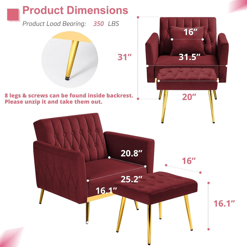 Velvet Accent Chair with Adjustable Armrests and Backrest, Button Tufted Lounge Chair, Single Recliner Armchair with Ottoman and Pillow for Living Room, Bedroom, Red