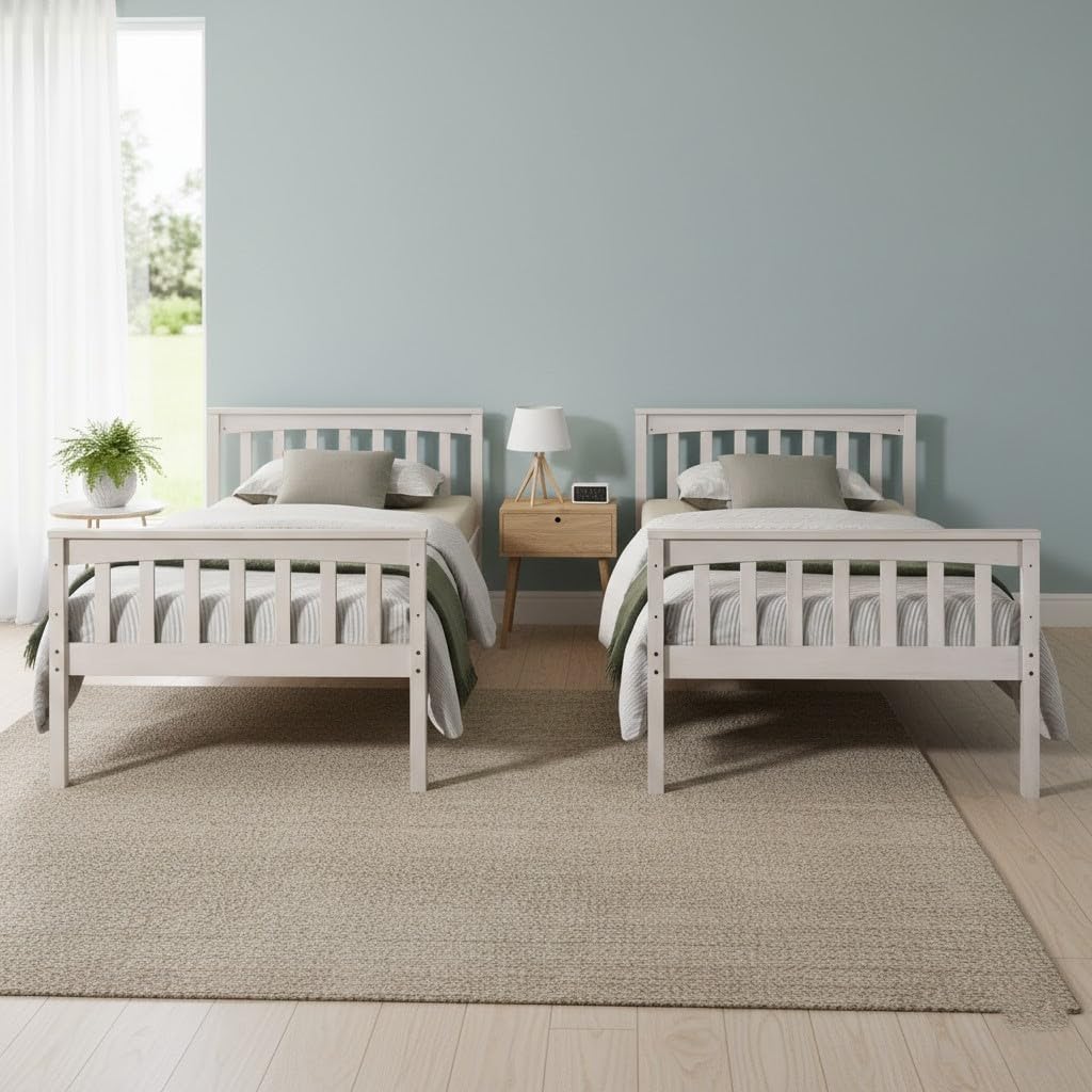 HOME DESIGN Ames Twin Over Twin Solid Wood Standard Bunk Bed with Guardrails and Ladder, Convertible to Two Twin Beds, Antique White