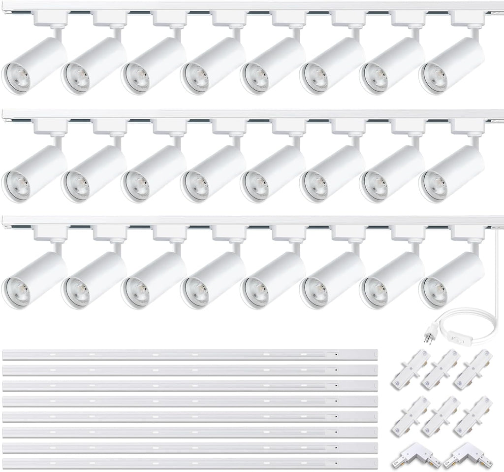 Ultra-Bright H Type White Track Lighting Kit with 26.2 FT Track Rails, 24 Heads 3000K Warm White 20W 2400lm, Dimmable Plug in LED Track Lights for Store, Moblie Cart and Office