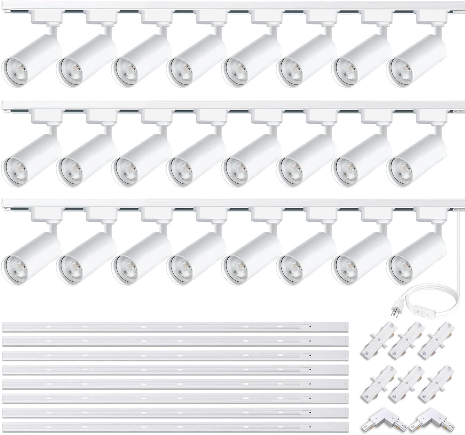 Ultra-Bright H Type White Track Lighting Kit with 26.2 FT Track Rails, 24 Heads 3000K Warm White 20W 2400lm, Dimmable Plug in LED Track Lights for Store, Moblie Cart and Office