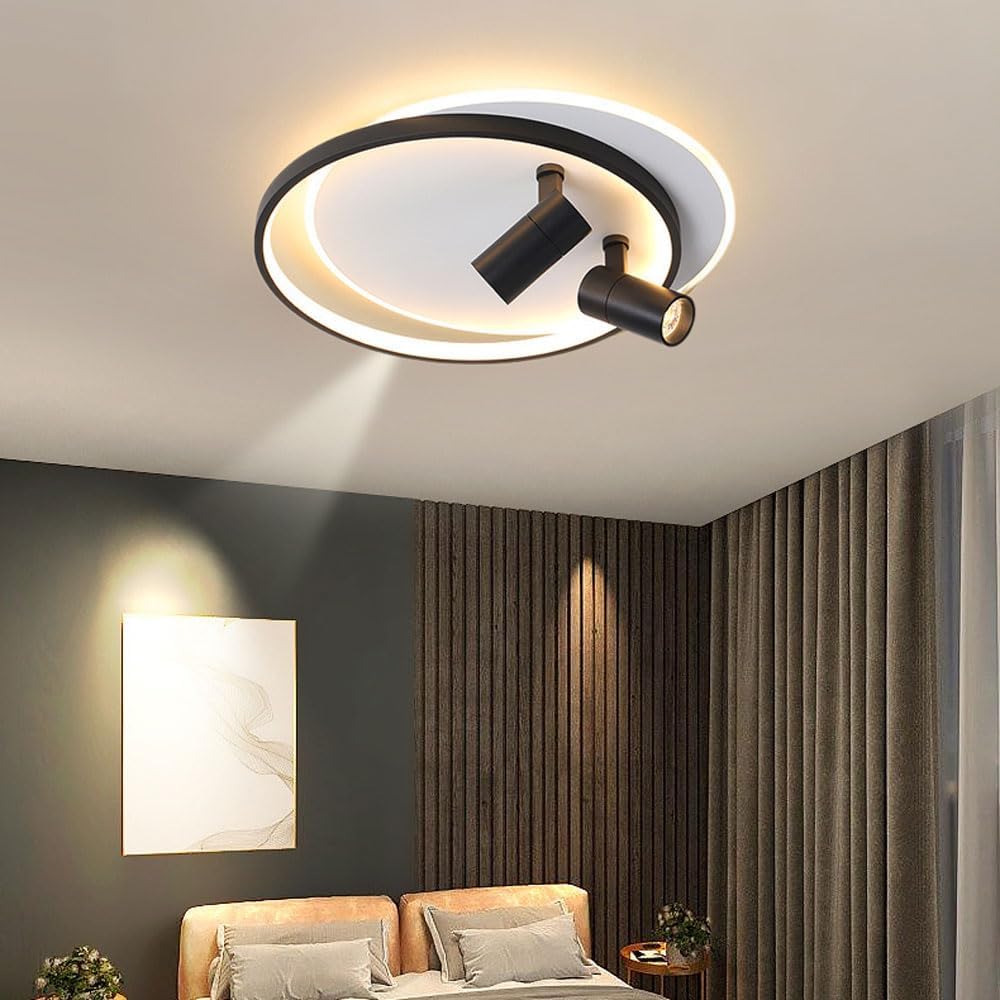 Modern LED Ceiling Light with 2 Spotlights, Dimmable Ring Ceiling Lighting Fixture with Remote Control, Indoor Flush Mount Ceiling Lamp for Bedroom Hallway Dining Room Entryway Kitchen