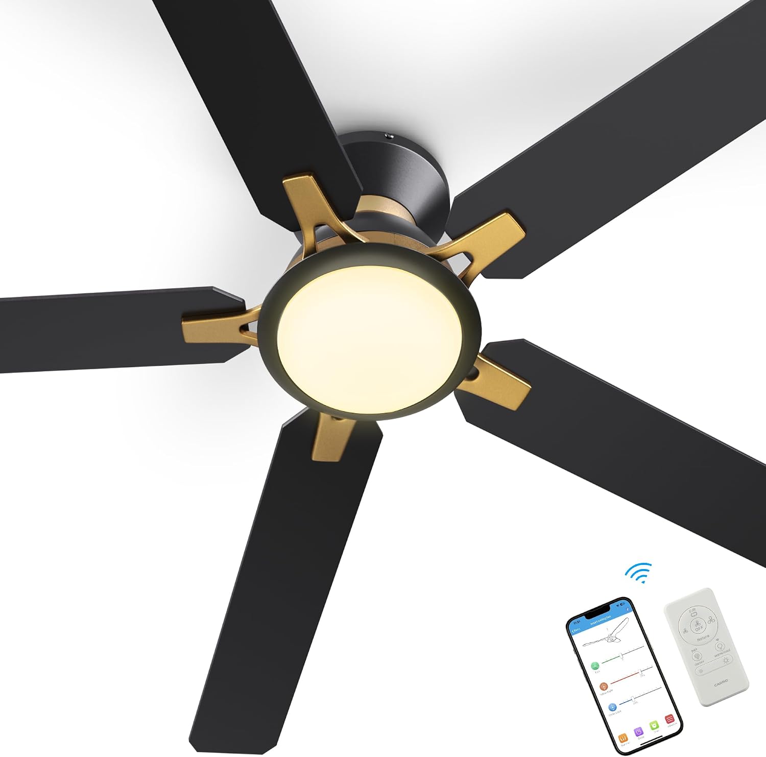 SMAAIR Smart Ceiling Fans with Lights, 52 Inch Low Profile Ceiling Fan with Remote/App/Voice Control via Alexa/Google Assistant/Siri, Flush Mount Modern Ceiling Fans for Bedroom, Reversible,Black/Gold