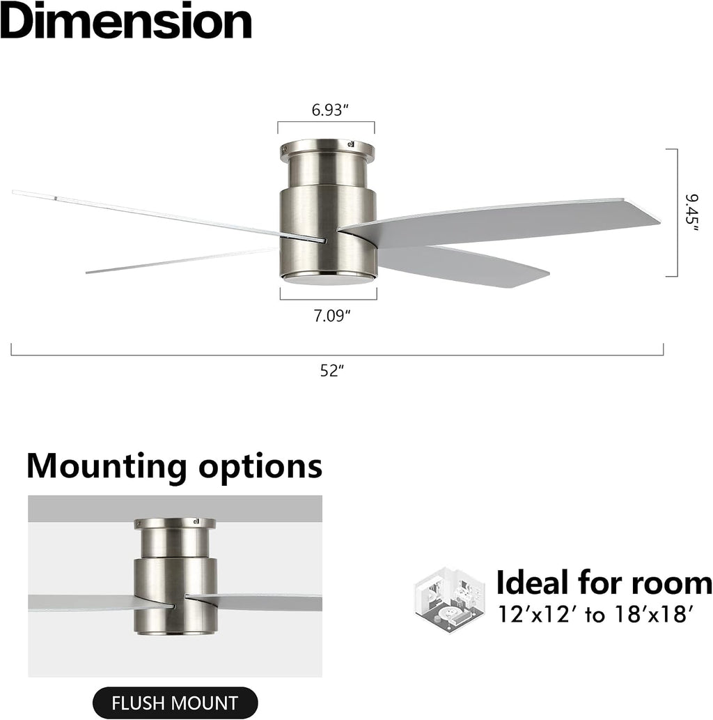 WINGBO 52' Flush Mount DC Ceiling Fan without Lights, 4 Reversible Blades, Ultra Quiet 6-Speed DC Motor, Hugger Low Profile Indoor Ceiling Fan No Lights, Brushed Nickel Finish