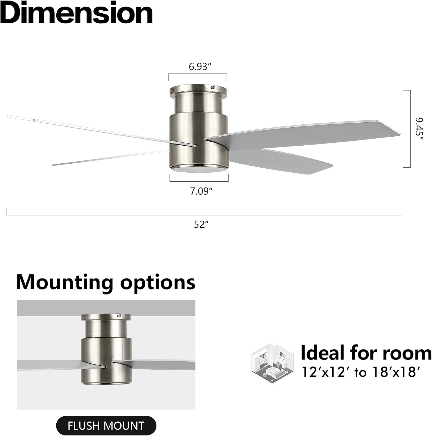 WINGBO 52' Flush Mount DC Ceiling Fan without Lights, 4 Reversible Blades, Ultra Quiet 6-Speed DC Motor, Hugger Low Profile Indoor Ceiling Fan No Lights, Brushed Nickel Finish