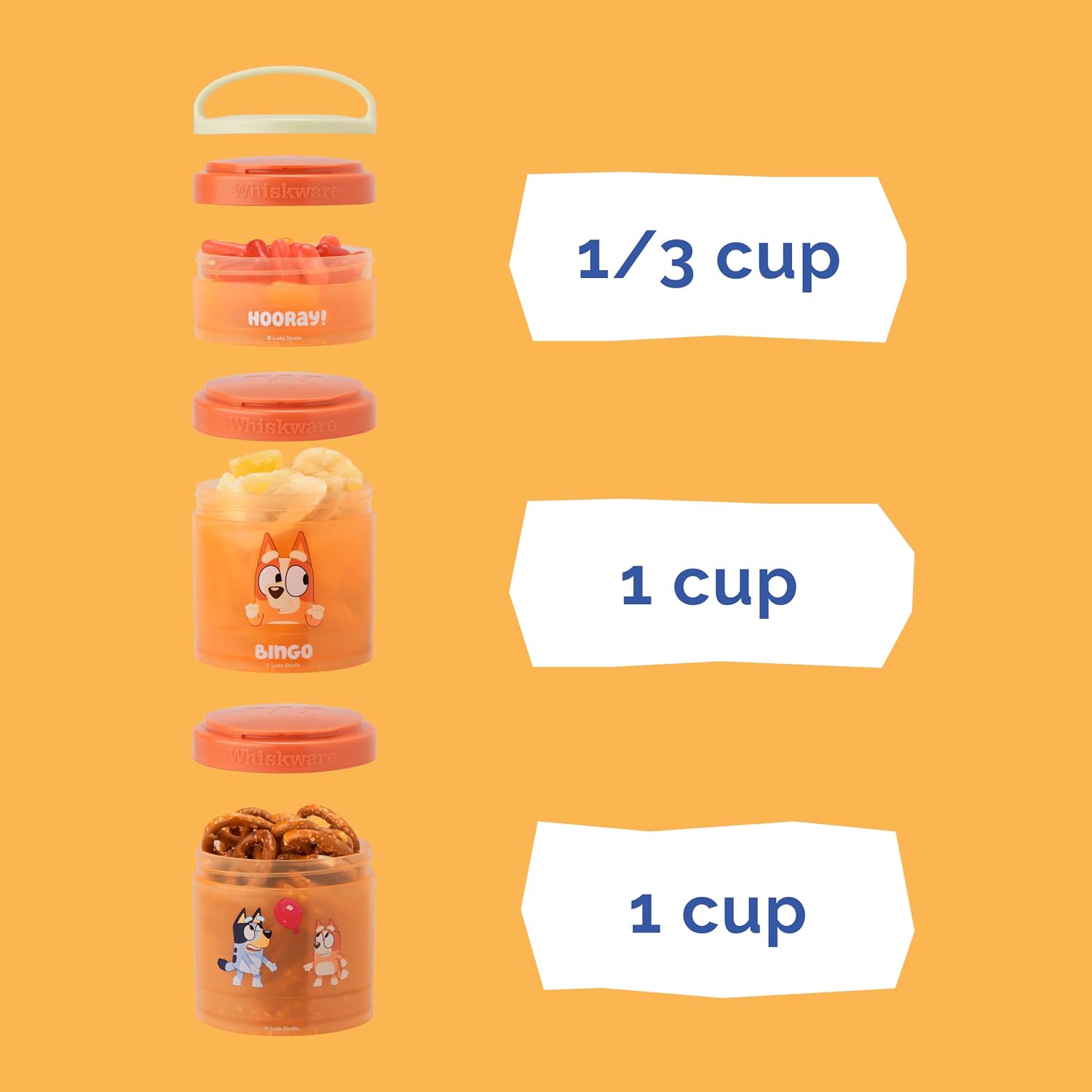 Whiskware Bluey Stackable Snack Containers for Kids & Toddlers, 3 Stackable Snack Cups for School and Travel, Bluey & Bingo, Hooray! (Pack of 12)