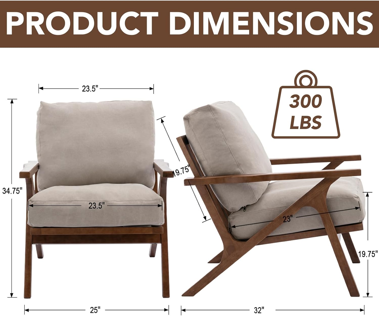 chairus Mid-Century Modern Accent Chair, Comfy Upholstered Lounge Armchair with Removable Cushions & Solid Wood Frame, Reading Chair for Living Room Bedroom Office, Beige Denim Fabric