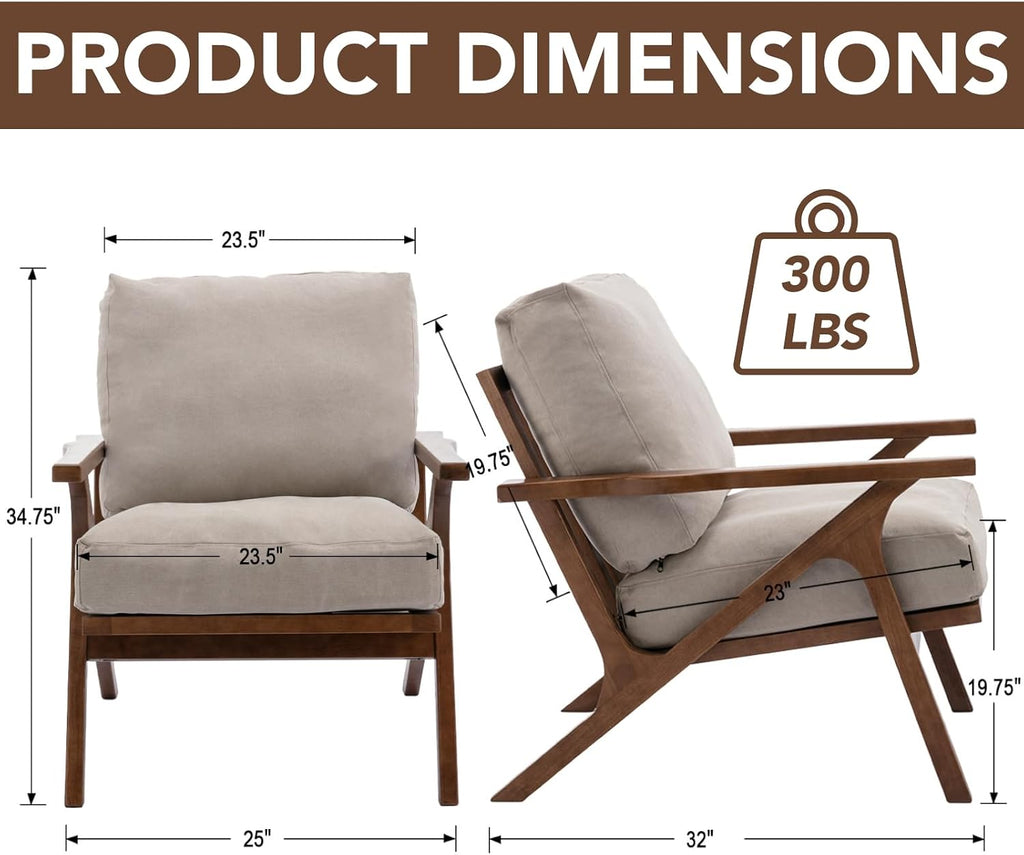 chairus Mid-Century Modern Accent Chairs Set of 2, Comfy Upholstered Lounge Armchairs with Removable Cushions & Solid Wood Frame, Reading Chairs for Living Room Bedroom Office, Beige Denim Fabric