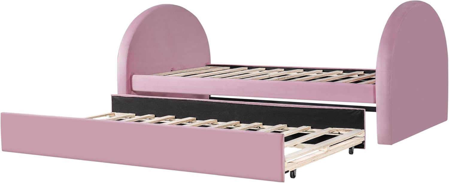 Christopher Knight Home Leonhart Velvet Upholstered Twin Size Bed Frames with Headboard/Footboard, Day Bed Frame Twin with Pull-Out Functionality, Iron Frame + Wooden Slat Trundle Bed Twin, Pink