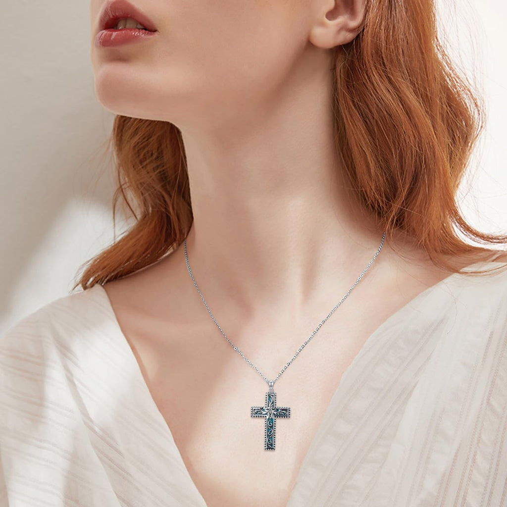 Natural Turquoise Cross Pendant Necklace for Women 925 Sterling Silver 1.2mm Cable Chain and Pendant with Genuine Turquoise Jewelry Gifts for Her 147022