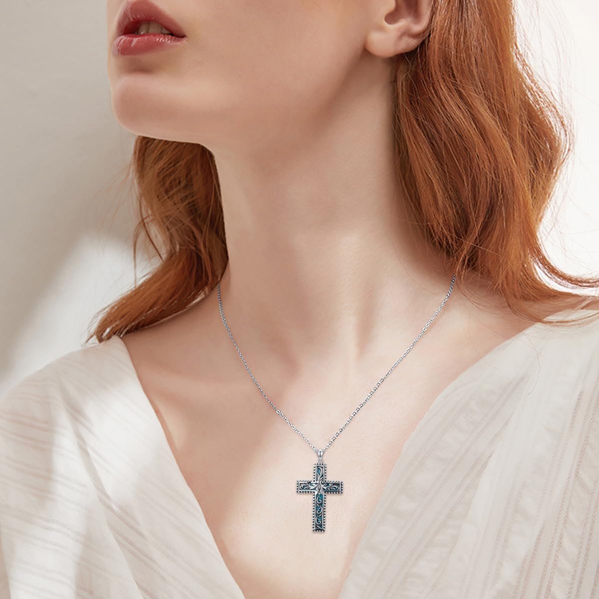 Natural Turquoise Cross Pendant Necklace for Women 925 Sterling Silver 1.2mm Cable Chain and Pendant with Genuine Turquoise Jewelry Gifts for Her 147022