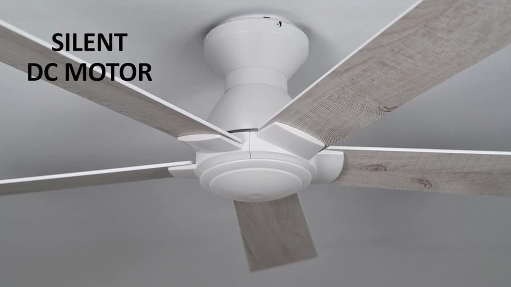 CEME 52 Inch Flush Mount Ceiling Fan without Lights, White Ceiling Fan with Remote Low Profile, 10-Speed Reversible DC Motor, 5 Dual Finish Blades, Indoor for Bedroom
