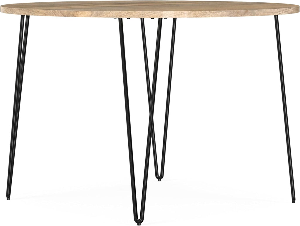 SIMPLIHOME Hunter Dining Table - 45 inch Wide Solid Mango Wood Round Table in Natural, Modern Industrial Style for Dining Room or Kitchen with Black Powder-Coated Iron Base and Hairpin Legs, Seats 4
