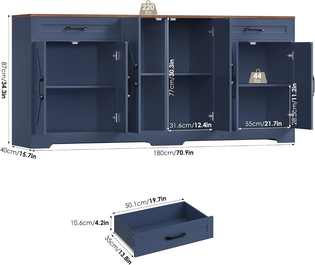 71' Large Sideboard Buffet Cabinet with Storage, Farmhouse Kitchen Buffet Cabinet with Adjustable Shelves and 6 Barn Doors, Wood Coffee Wine Bar Console Table for Kitchen, Dining Room, Navy Blue