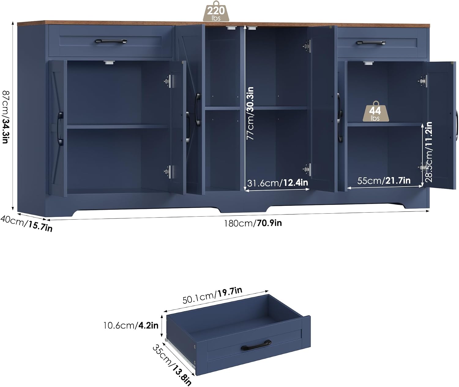 71' Large Sideboard Buffet Cabinet with Storage, Farmhouse Kitchen Buffet Cabinet with Adjustable Shelves and 6 Barn Doors, Wood Coffee Wine Bar Console Table for Kitchen, Dining Room, Navy Blue