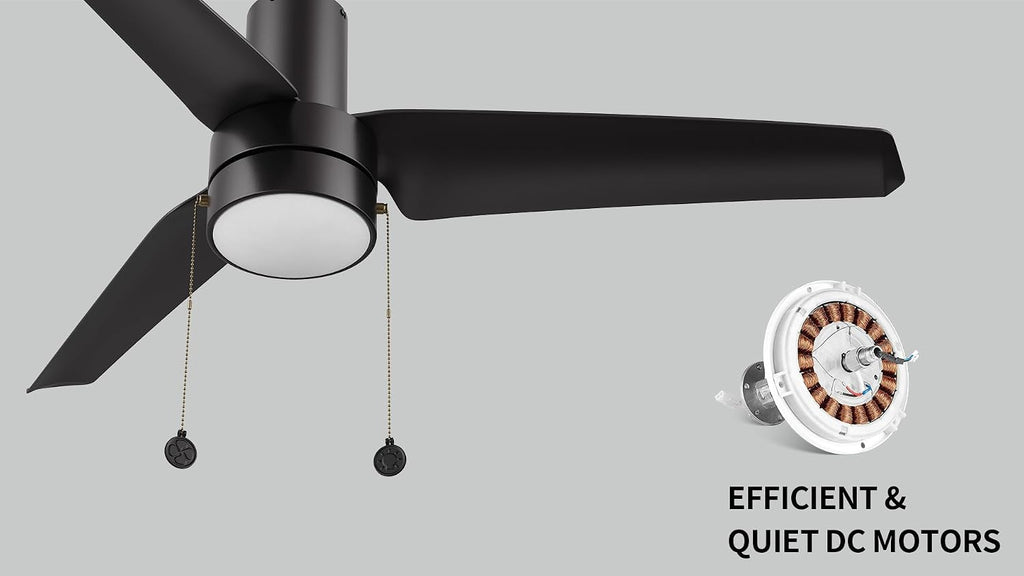 SMAAIR 52 Inch Indoor Ceiling Fans with Pull Chain, Flush Mount Modern Ceiling Fans with Lights, Dimmable LED Ceiling Fan with 3 Blades for Bedroom, Quiet DC Motors, Reversible, Black