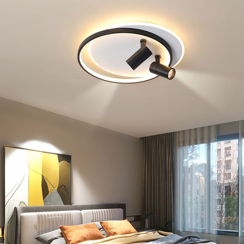 Modern LED Ceiling Light with 2 Spotlights, Dimmable Ring Ceiling Lighting Fixture with Remote Control, Indoor Flush Mount Ceiling Lamp for Bedroom Hallway Dining Room Entryway Kitchen
