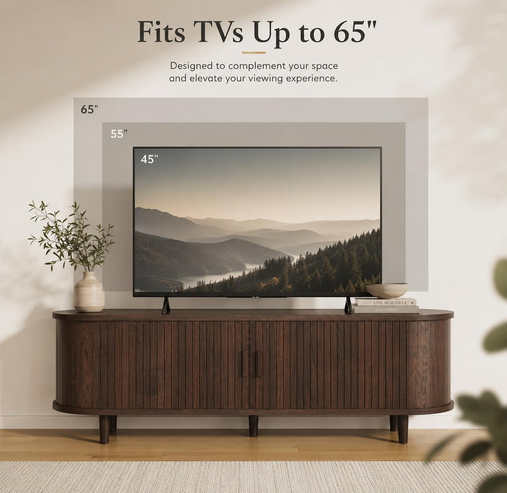 MXV 58' Mid-Century Modern TV Stand with Sliding Doors, TV Consoles with Power Outlet, Fluted Entertainment Center with Adjustable Shelves for Living Room