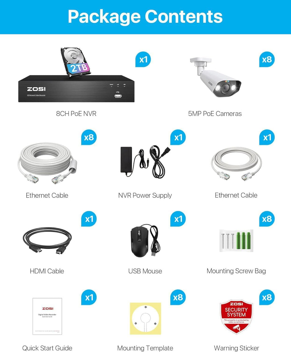 ZOSI 8CH 4K Spotlight PoE Security Camera System, 8 Ports 16CH 8MP NVR with 2TB HDD, 8 x 5MP Outdoor PoE IP Cameras, Person Vehicle Detection, 2-Way Audio, Night Vision, for Home 24-7 Recording