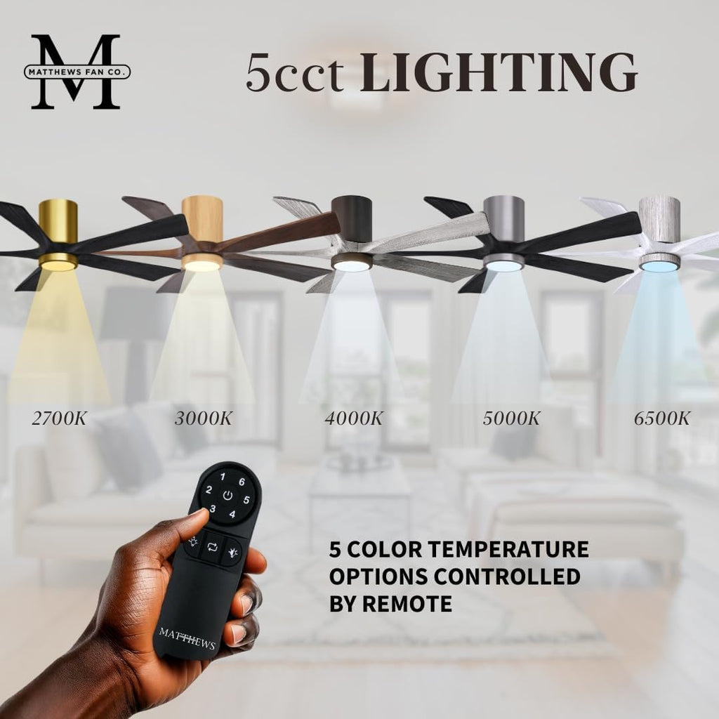 Matthews IR5HLK-BK-WA-42 Irene Damp Rated 42' Flush Mount Ceiling Fan with Light and Remote & Wall Control, Silent DC Motor, 5 Solid Wood Blades, Matte Black with Walnut Tone