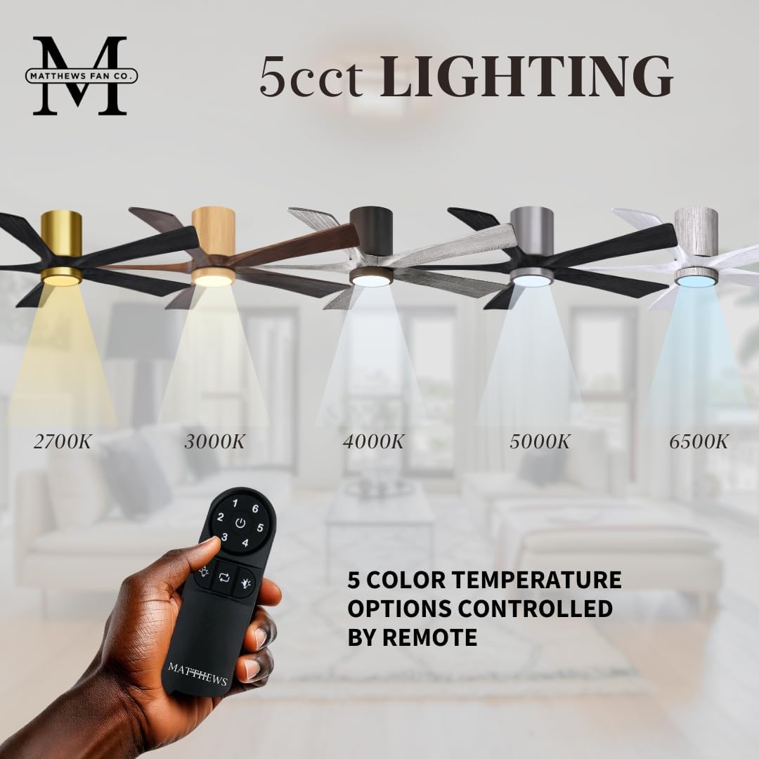 Matthews IR5HLK-BK-WA-42 Irene Damp Rated 42' Flush Mount Ceiling Fan with Light and Remote & Wall Control, Silent DC Motor, 5 Solid Wood Blades, Matte Black with Walnut Tone