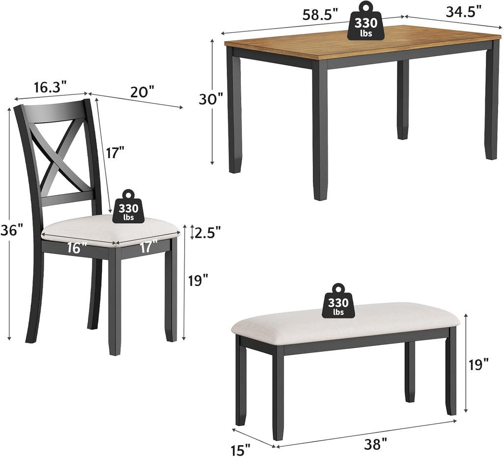 Zevemomo 6-Piece Solid Wood Dining Table Set, Including 1 Dining Table, 4 Upholstered Chairs and 1 Bench, Farmhouse Wooden Legs Dining Table Set for Living Room, Kitchen, Black