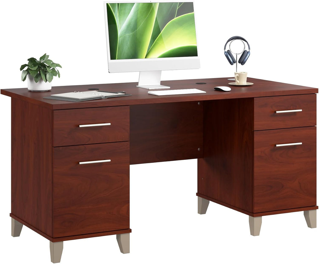 Bush Home 60-Inch Office Desk with Drawers, Computer Desk with File and Box Drawers, Home Office Workstation with Storage Cabinet, Writing Desk Furniture, Somerset Collection, Hansen Cherry