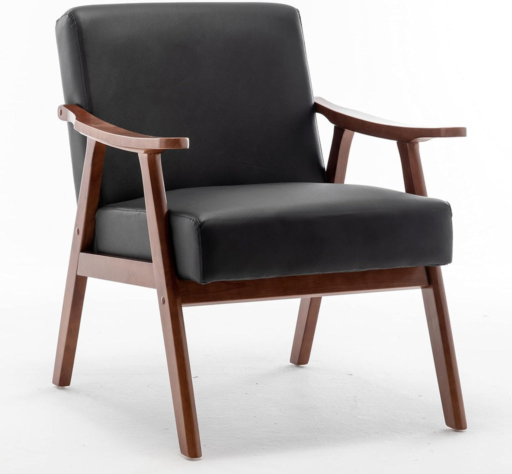 Container Furniture Direct Accent Chair with Microfiber Upholstery and Solid Wood Frame, Classic Mid-Century Modern Living Room Furniture for Extra Seating, Black PU/PVC