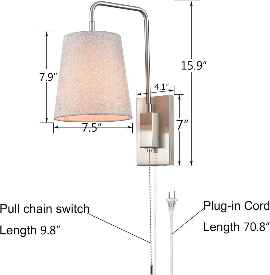 Adjustable Plug-in Wall Light with Switch - Metal Chrome E27 Reading Lamp with Fabric Shade - Classic Indoor Spotlight for Bedroom, Living Room, Hotel
