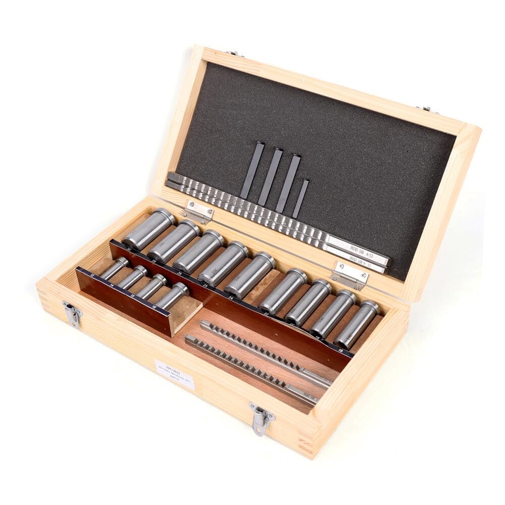 22PCS Keyway Broach Kit, Keyway Broach Set Collared Bushing Shim Sets in Fitted Box, Metric Size 4 Broaches, 13 Bushings and 5 Gaskets High Speed Steel Keyway Broach Set Metal Processing Tool