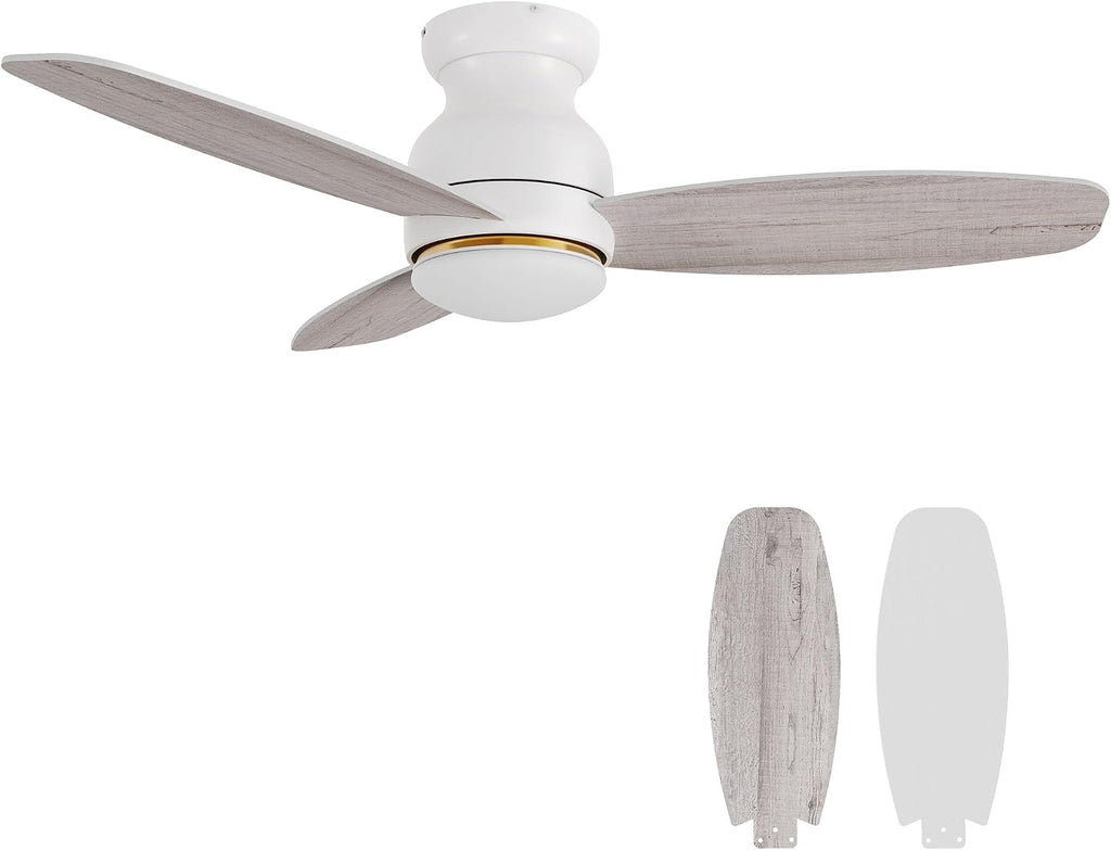 Carro 48' White Ceiling Fan with Light Flush Mount, DC 10 Speeds Silent Ceiling Fan with Remote, 3 Dual Finish Blades, 2 Light Colors Dimmable, for Living Room, Bedroom