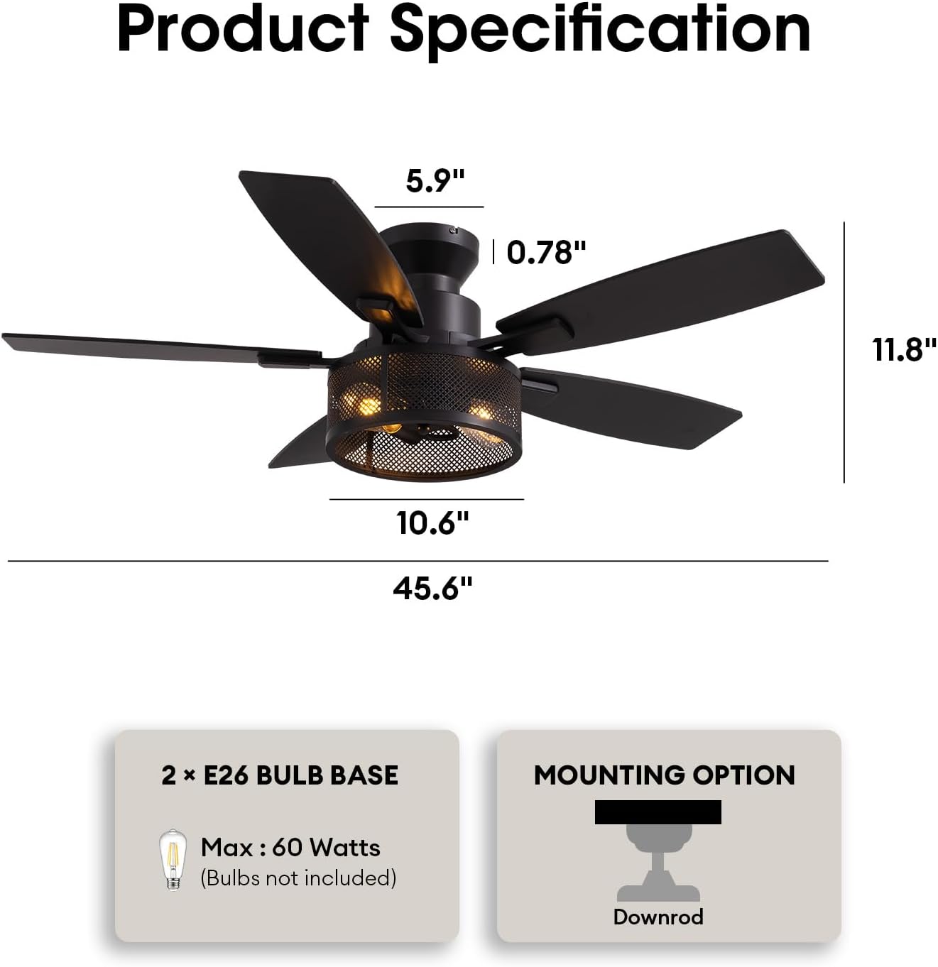 LuminFan Flush Mount Ceiling Fans with Lights and Remote Control, Low Profile Farmhouse Ceiling Fan with LED Lighting for Bedroom Living Room and Patio, Black Caged Ceiling Fan for Indoor and Outdoor