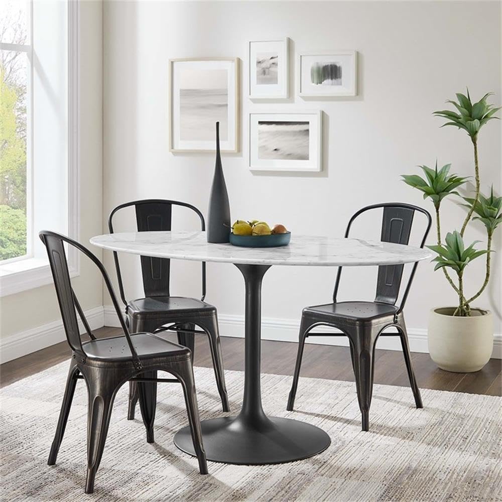 Modway Lippa 54' Oval-Shaped Mid-Century Modern Dining Table with Artificial Marble Top and Black Base