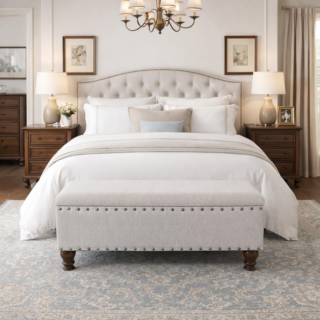 Homepop Home Decor | Upholstered Bench with Nailhead Trim | Large Ottoman with Storage for Living Room & Bedroom | Decorative Home Furniture, Gray Woven